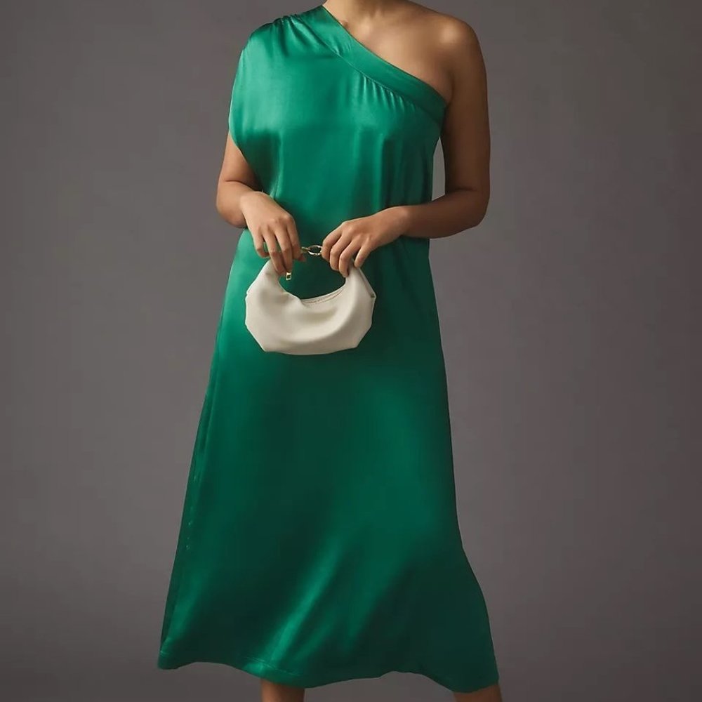 Anthropologie One-Shoulder Satin Dress in Emerald Green